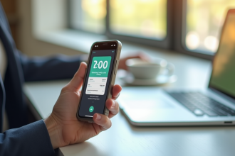 Personne tenant un smartphone avec une notification de transfert bancaire
