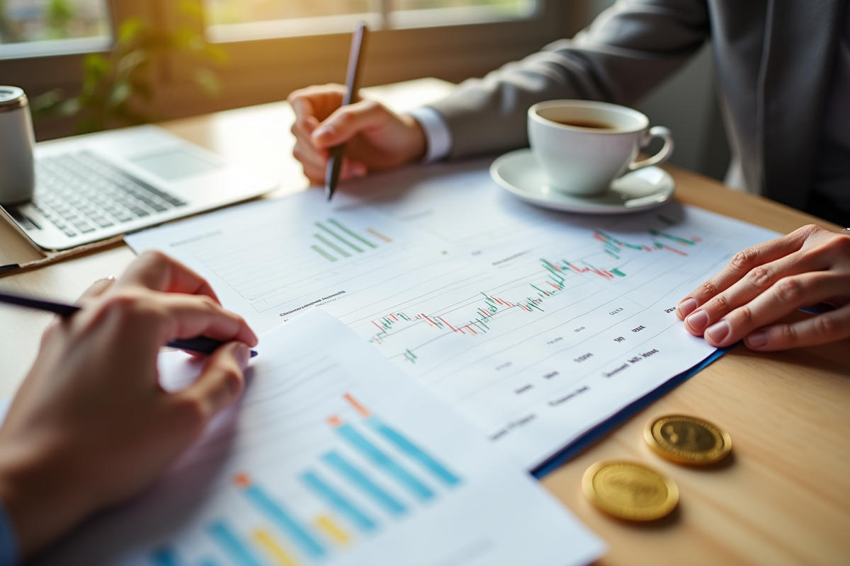 Mains organisant des documents crypto avec pièces physiques