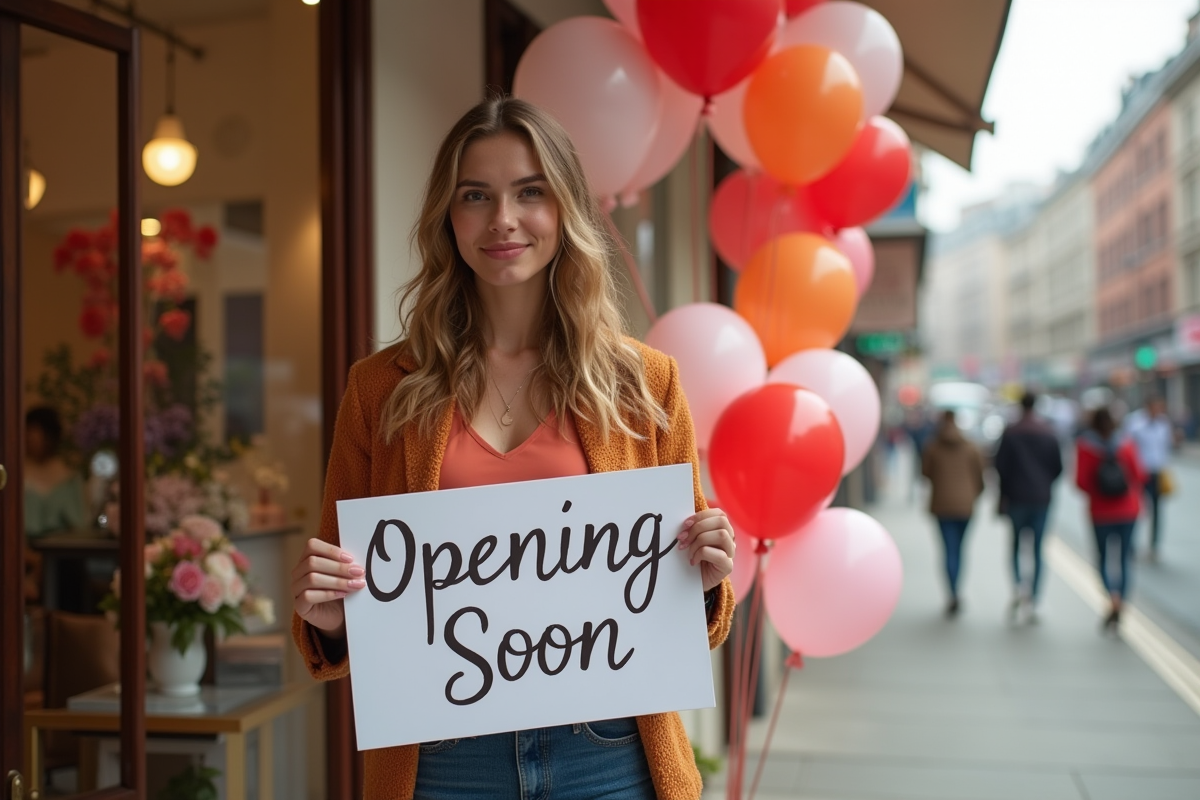 Jeune entrepreneur devant sa boutique avec un panneau d ouverture prochaine
