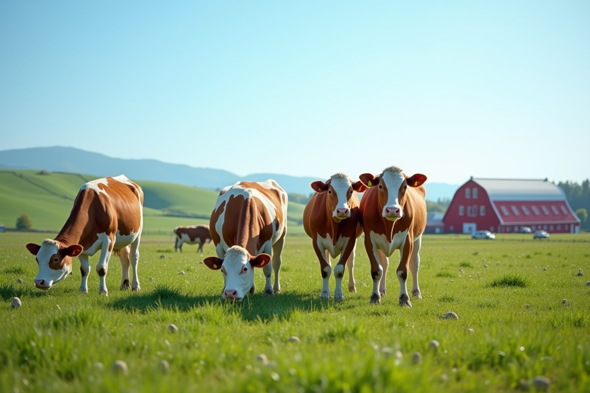 Vaches laitières dans un champ verdoyant avec ferme et collines