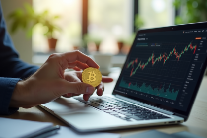 Personne tenant une pièce de Solana en main en analysant des graphiques