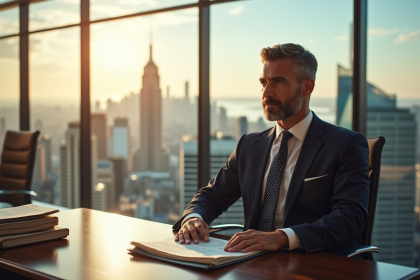 Personne d'affaires élégante dans un bureau moderne avec vue sur la ville