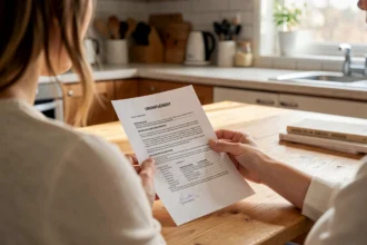 Personne lisant des documents sur ses droits au chômage à une table