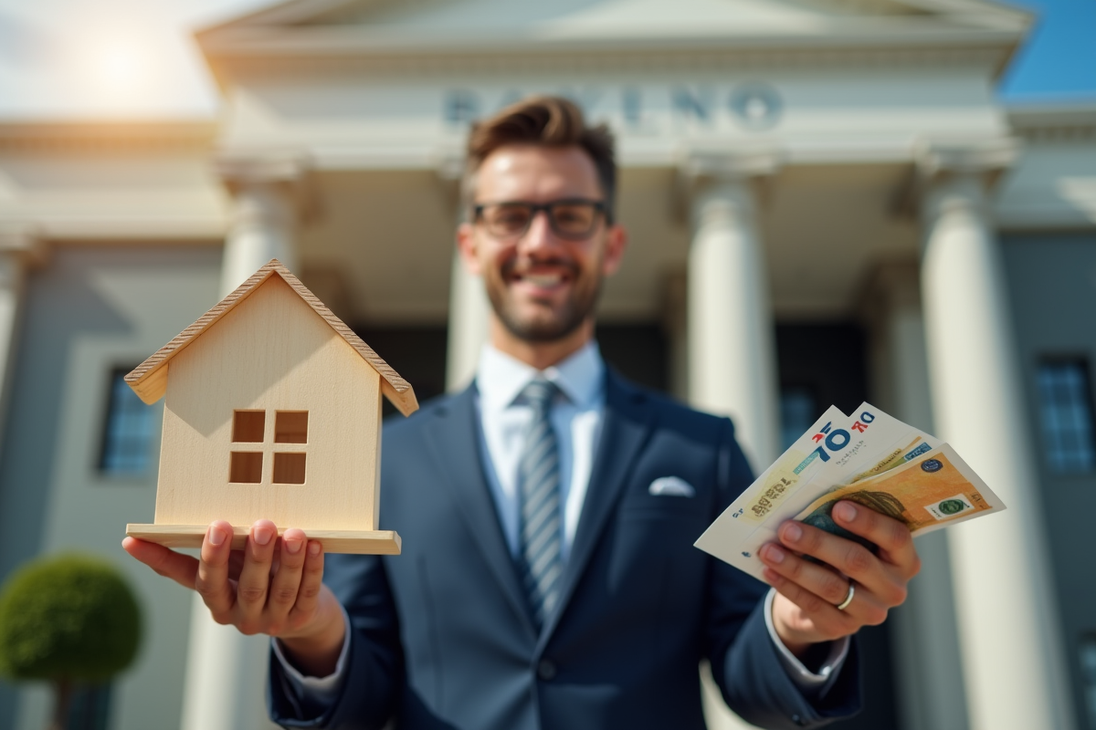 Personne en costume tenant une maison en bois et des billets devant une banque ensoleillee