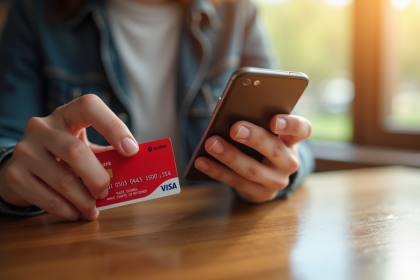 Personne tenant un smartphone et une carte bancaire La Banque Postale sur une table en bois bien éclairée