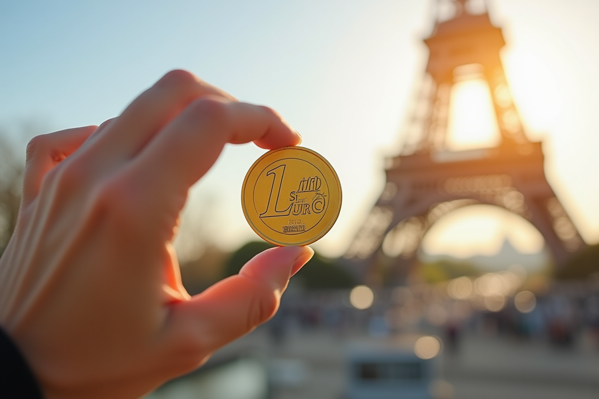 Main tenant une pièce d euro avec la tour Eiffel en arrière-plan