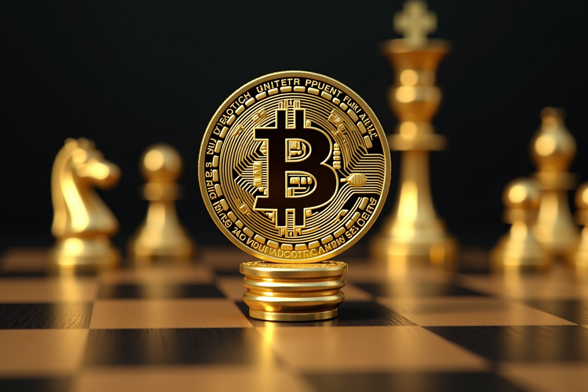 Pièce de Bitcoin sur un échiquier avec pièces de jeu