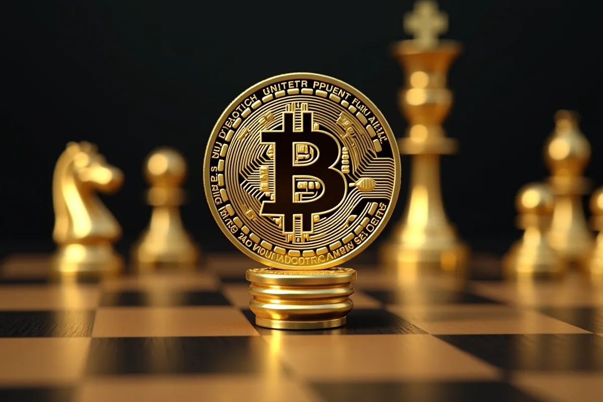 Pièce de Bitcoin sur un échiquier avec pièces de jeu