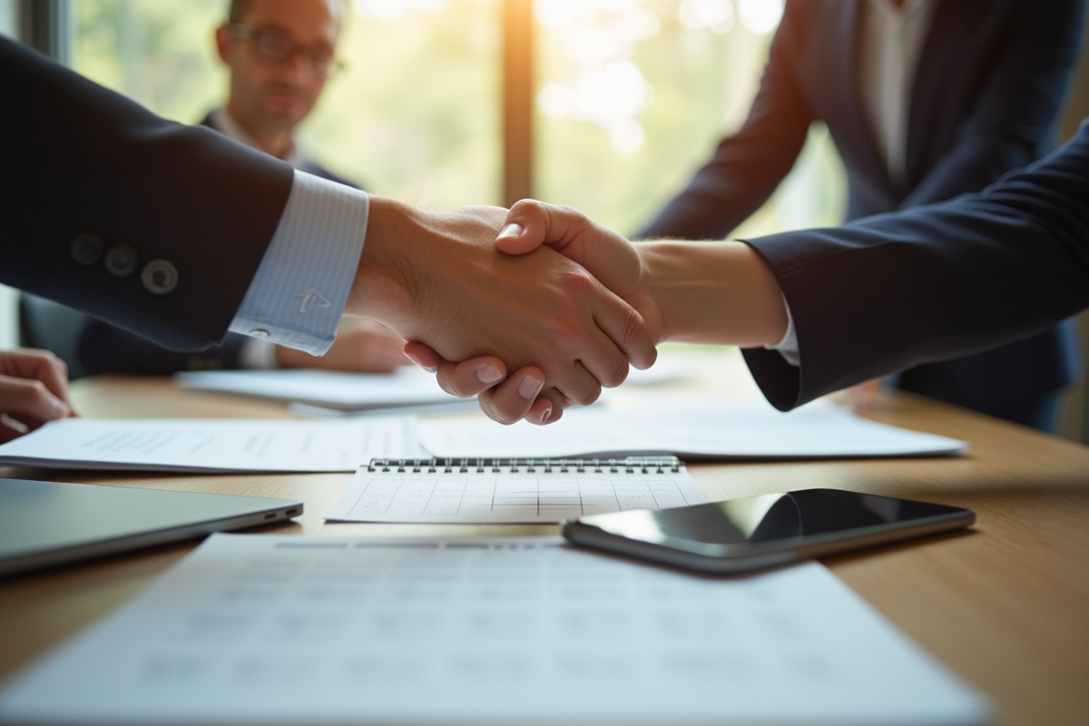 Échange professionnel avec poignée de main et documents sur la table