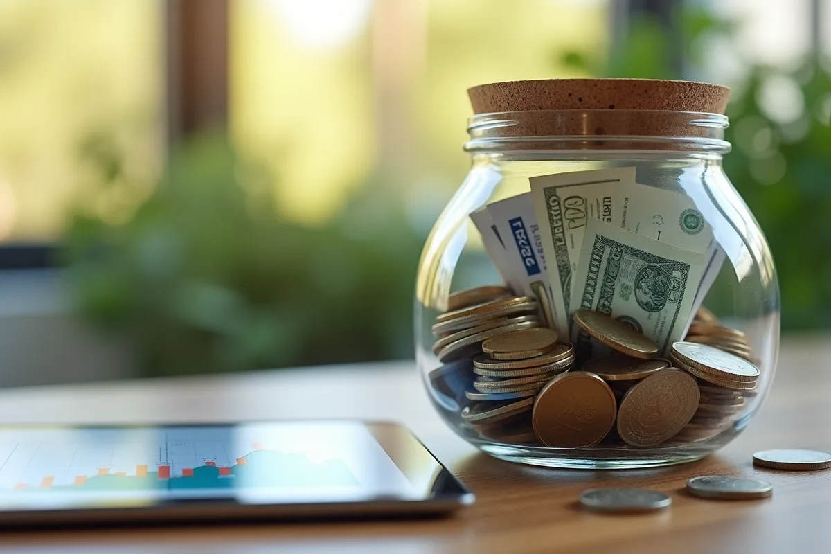 Portefeuille avec pièces et billets sur une tablette numérique