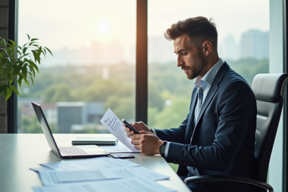 Professionnel en tenue d'affaires vérifiant une checklist au bureau