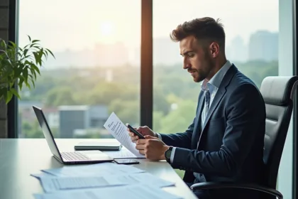 Professionnel en tenue d'affaires vérifiant une checklist au bureau