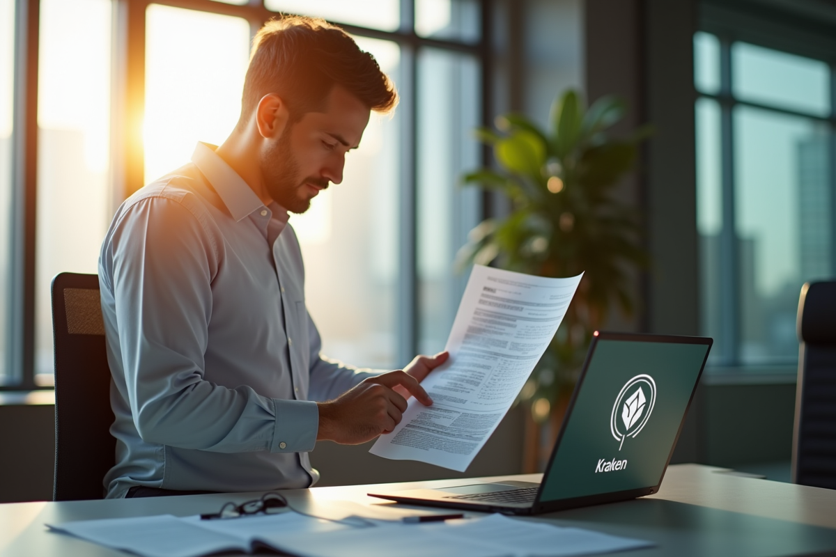 Un professionnel dans un bureau moderne avec documents fiscaux et logo Kraken