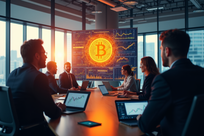 Groupe de professionnels autour d un écran avec symbole Bitcoin
