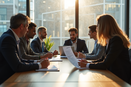 Groupe de professionnels discutant autour d'une table avec documents sur la reforme des retraites