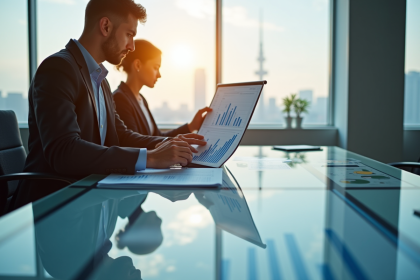 Deux professionnels en finance dans un bureau lumineux analysant des graphiques