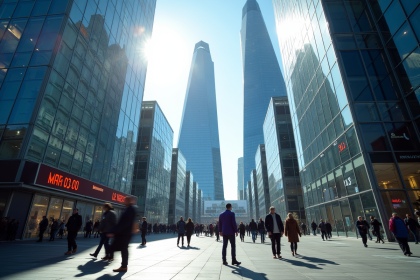 Quartier financier de Paris avec La Defense et écrans boursiers