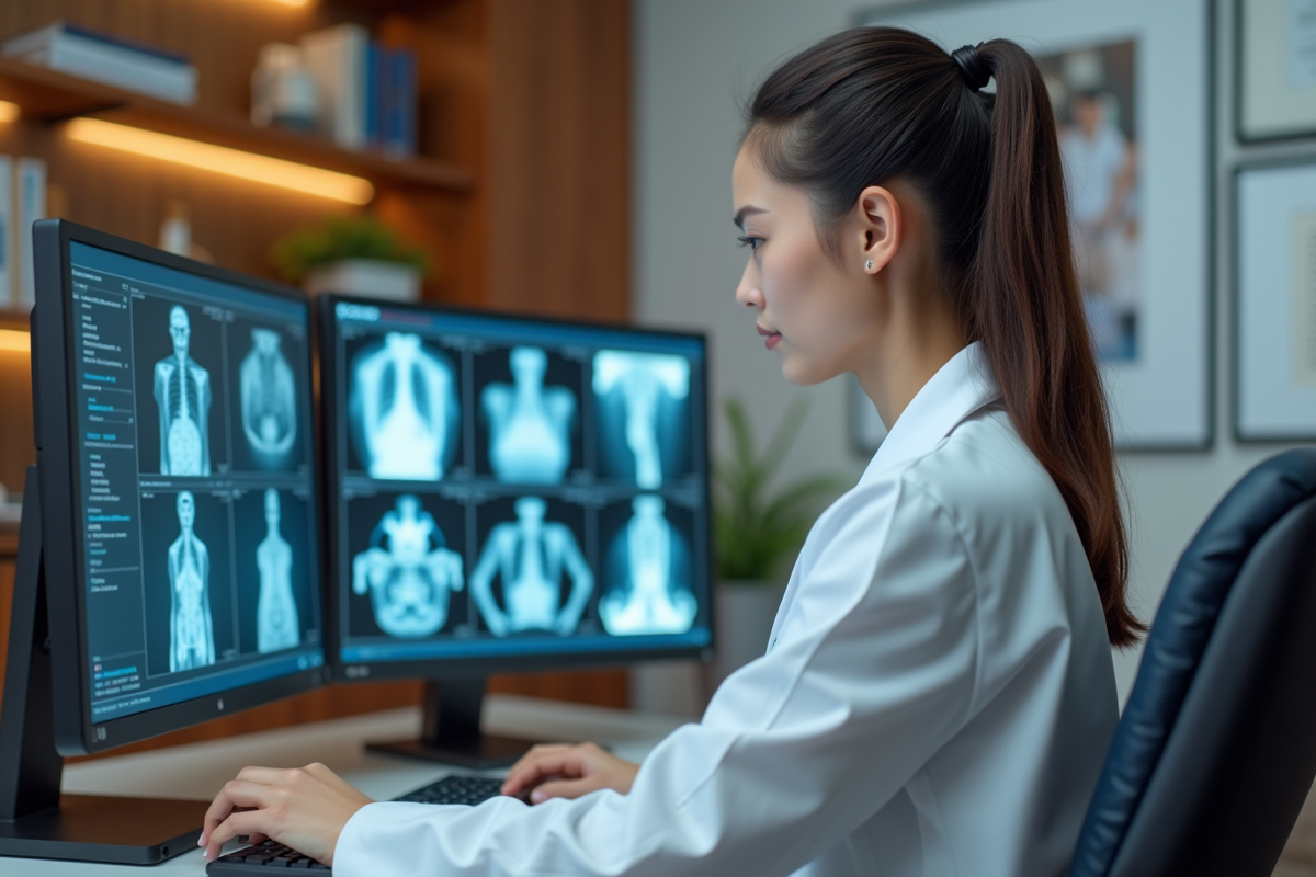 Jeune radiologue en blouse blanche analysant images médicales