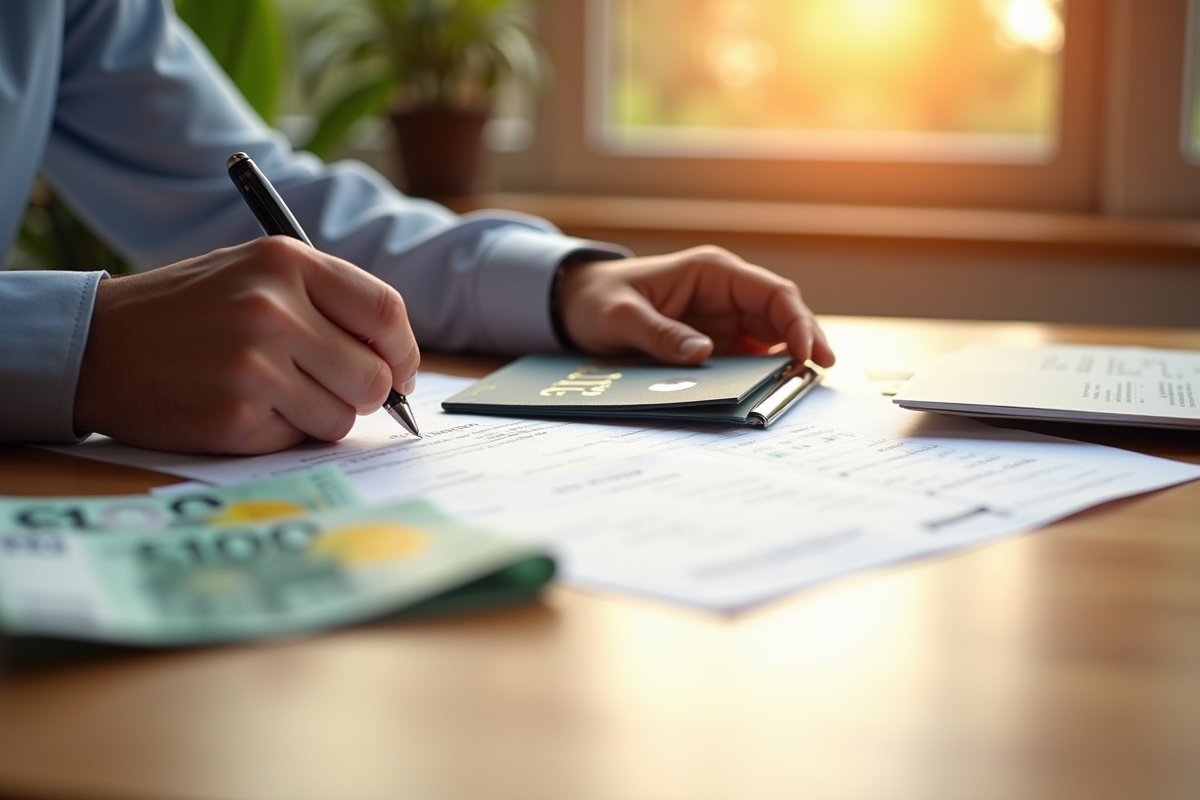 Mains remplissant des documents fiscaux avec passeport et euros