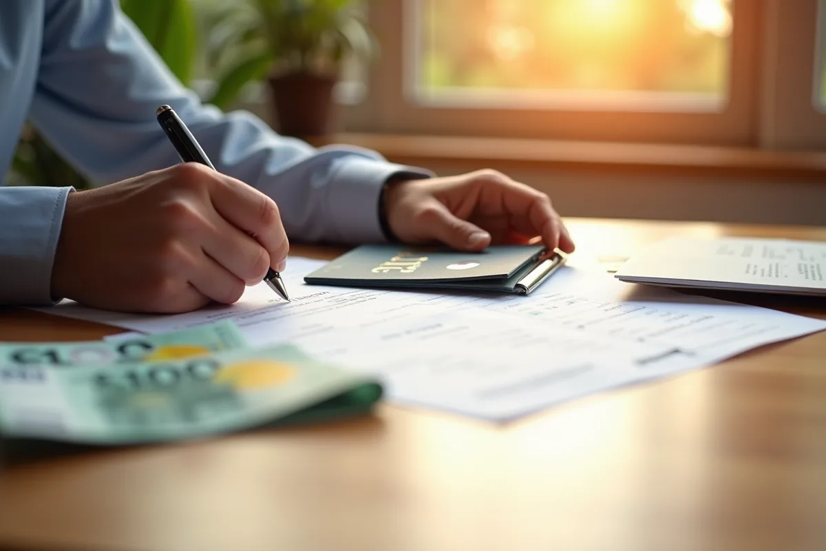 Mains remplissant des documents fiscaux avec passeport et euros