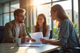 Jeune couple souriant avec conseiller bancaire dans un bureau lumineux