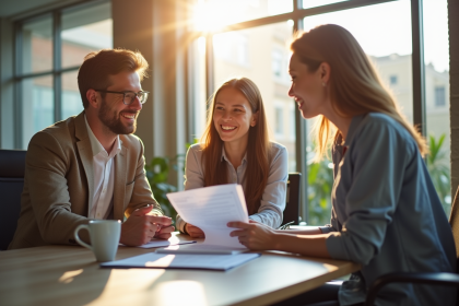 Jeune couple souriant avec conseiller bancaire dans un bureau lumineux