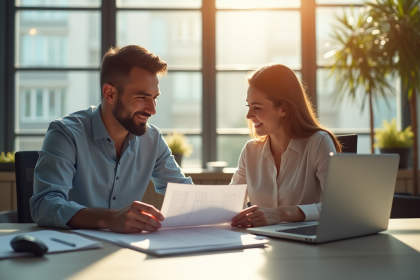 Jeune couple rencontrant un conseiller financier dans un bureau lumineux