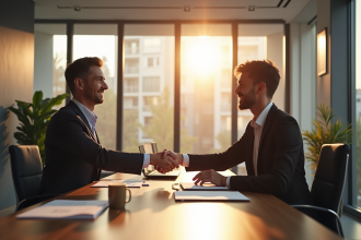 Échange entre un entrepreneur et un conseiller bancaire dans un bureau lumineux