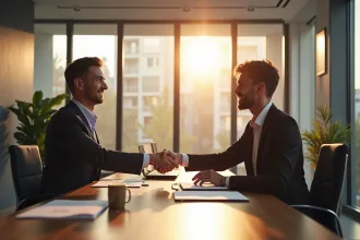 Échange entre un entrepreneur et un conseiller bancaire dans un bureau lumineux