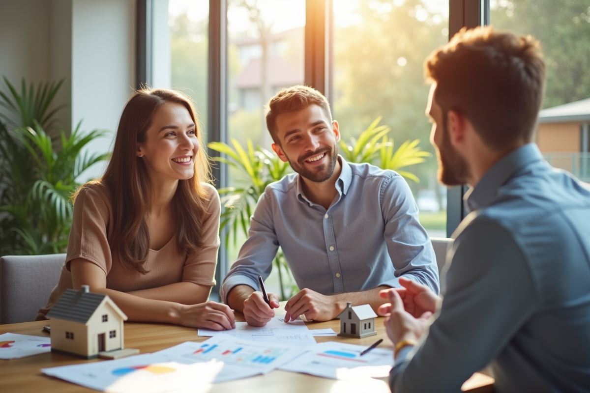 Jeune couple avec conseiller bancaire dans un bureau lumineux
