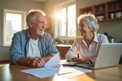 Couple senior souriant planifiant leur retraite à la maison