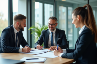 Réunion d'affaires avec signature de contrat dans un bureau moderne
