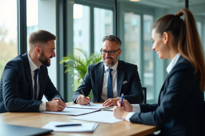 R&eacute;union d'affaires avec signature de contrat dans un bureau moderne