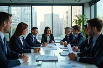 Groupe de professionnels en réunion d'affaires avec graphiques