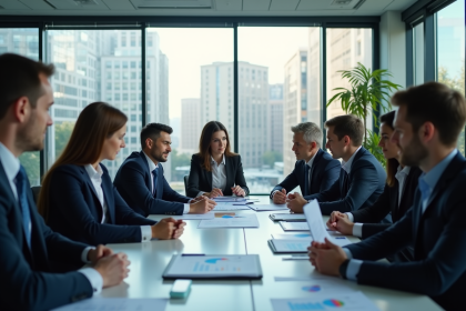 Groupe de professionnels en réunion d'affaires avec graphiques