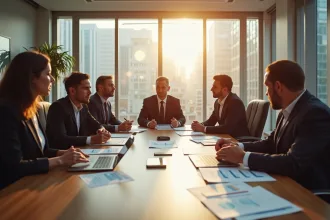 Réunion d'affaires avec investisseurs discutant de finances