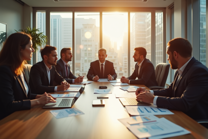 Réunion d'affaires avec investisseurs discutant de finances