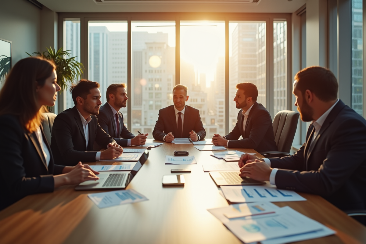 Réunion d'affaires avec investisseurs discutant de finances