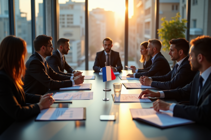 Groupe de professionnels en réunion avec documents et drapeau français