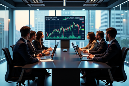 Réunion d'affaires dans un bureau moderne avec graphiques Tesla