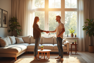 Salon lumineux avec clés de maison et couple heureux