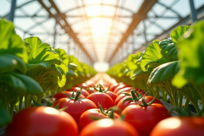 Serre moderne avec tomates mûres et laitue hydroponique