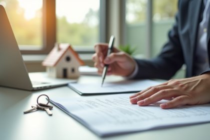 Personne signant des documents immobiliers dans un bureau lumineux