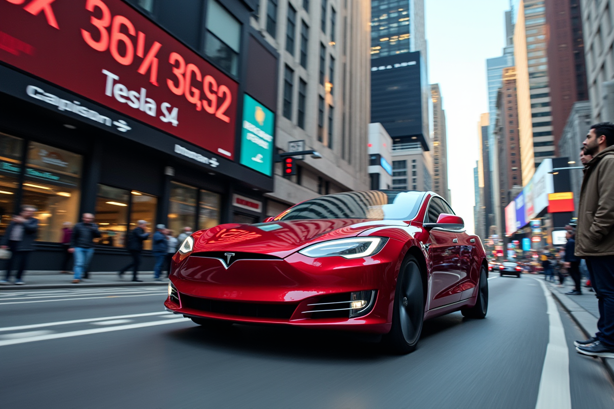 Voiture Tesla Model S rouge passant devant un panneau publicitaire avec la hausse des actions Tesla