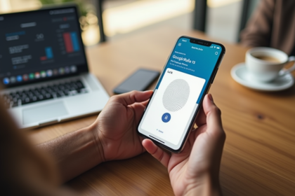 Personne tenant un smartphone avec Google Wallet au café